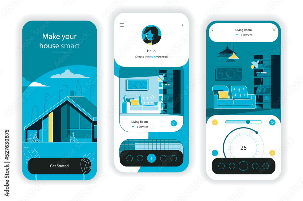 Wall mural smart home concept onboarding screens. remote control of temperature sensors, energy, security syste