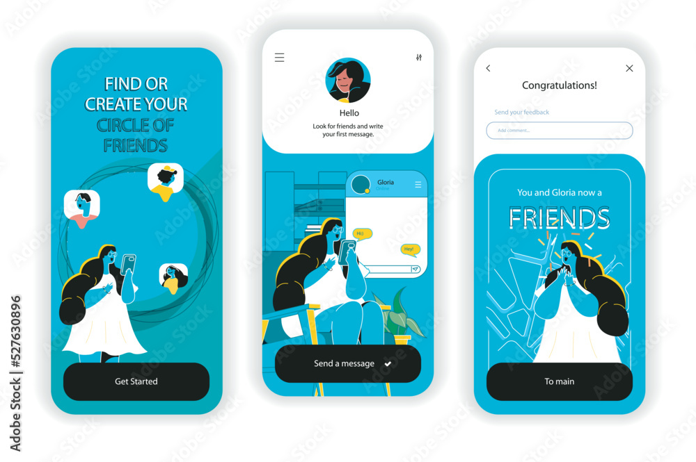 Poster social network concept onboarding screens. online communication with users, search for new friends, 