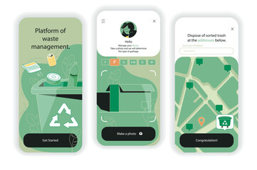 Waste manage concept onboarding screens. Separation of different waste, recycling, reuse and logistics in app. UI, UX, GUI user interface kit with flat people scene. Vector illustration for web design