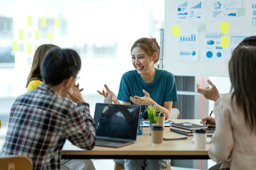 group of the business team meets to discuss plans to start a new business, accountant team manager having a discussion with new project success financial statistics