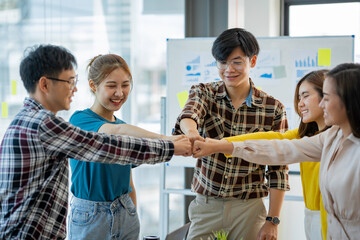 teamwork business join hand together concept, Business team standing hands together, Volunteer charity work. People joining for cooperation success business.