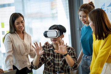 Man wearing VR glasses virtual Global Internet connection metaverse with a new experience in...