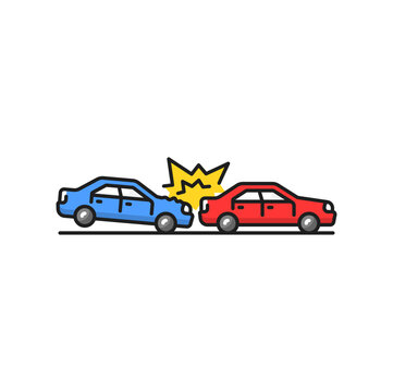 Hitting vehicle from behind vector accident in congested traffic, isolated color line icon. Rear-end collision, two damaged or crashed cars