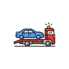 Fototapeta na wymiar Towing truck evacuation service isolated color line icon. Wrecker truck with evacuated car. Heavy evacuator. Recovery vehicle repair service