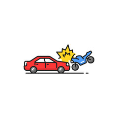 Road collision isolated car crash with bike color line icon. Accident on road, damaged transport. Smashed vehicle and motorcycle city drive disaster