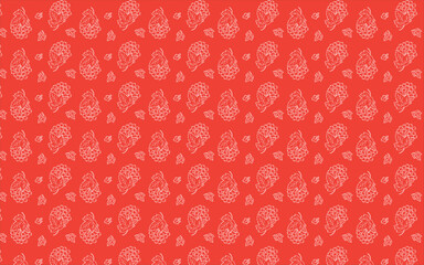 Autumn seamless pattern with white rowanberry and leaves. Red background.