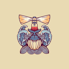Whale And Lighthouse Retro Illustration