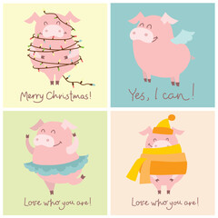 Cute Christmas piggies collection. Vector illustration of funny cartoon pigs in different costumes