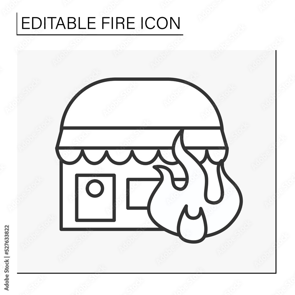 Poster fire line icon. store building on fire.flames spread on property. disaster concept. isolated vector 