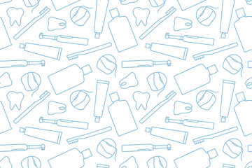 seamless pattern with dental hygiene products, toothbrush, dental floss, toothpaste, liquid mouthwash outline icons- vector illustration