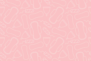 seamless pattern of different menstrual hygiene products: menstrual cup, sanitary pad, tampon, panty liner- vector illustration - obrazy, fototapety, plakaty