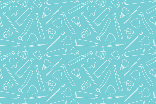 seamless pattern with dental pattern, toothbrush, implant, tooth bracket, paste, dentist tools outline icons- vector illustration