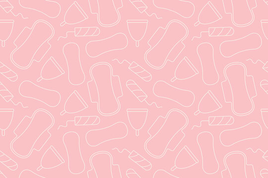 seamless pattern of different menstrual hygiene products: menstrual cup, sanitary pad, tampon, panty liner- vector illustration