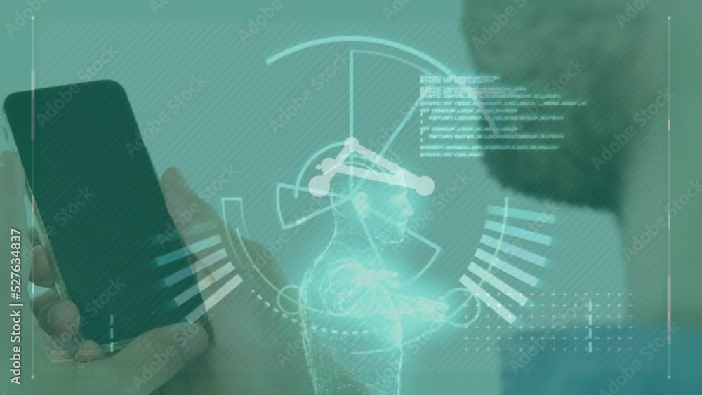 Poster animation of scope spinning with data processing over caucasian man using smartphone