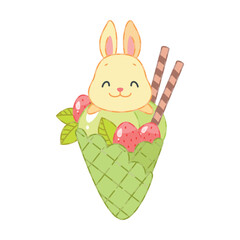 Cute bunny and an oriental matcha green tea dessert. Flat cartoon illustration of a little rabbit sitting on a waffle cone with ice cream isolated on a white background. Vector 10 EPS.