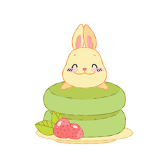 Cute bunny and an oriental matcha green tea dessert. Flat cartoon illustration of a little rabbit sitting on a stack of pancakes isolated on a white background. Vector 10 EPS.