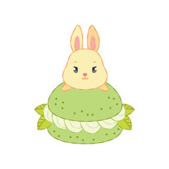 Cute bunny and an oriental matcha green tea dessert. Flat cartoon illustration of a little rabbit sitting on a profiterole with cream isolated on a white background. Vector 10 EPS.