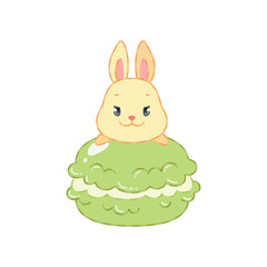 Cute bunny and an oriental matcha green tea dessert. Flat cartoon illustration of a little rabbit sitting on a macaroon isolated on a white background. Vector 10 EPS.