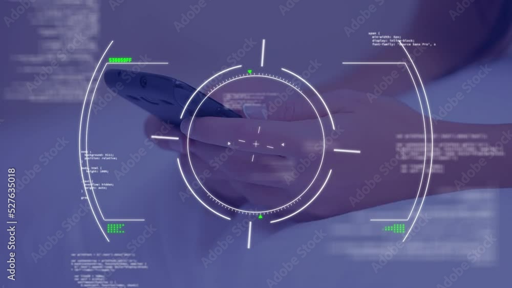 Poster Animation of viewfinder and data over hands of caucasian woman using smartphone