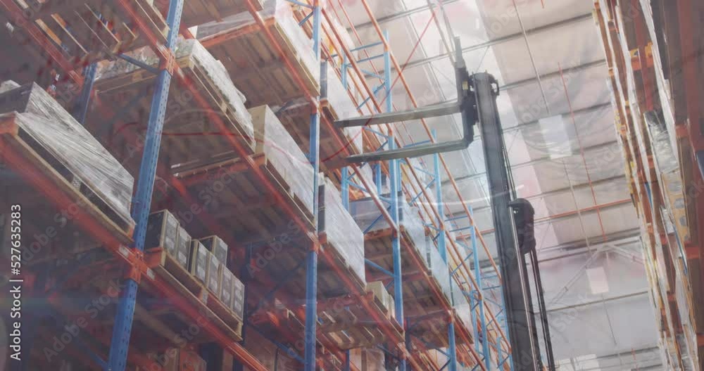 Poster animation of graphs and data over warehouse