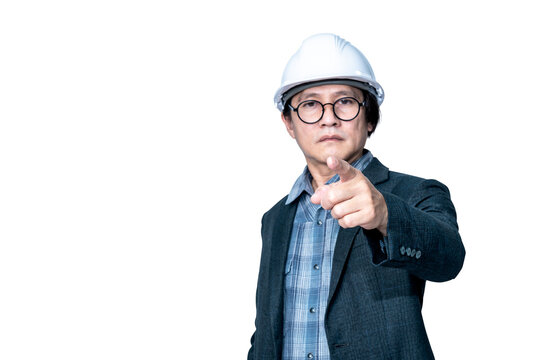 Blurred soft images of Asian business man wearing a engineer helmet and pointing fingers with a scolding gesture, On white isolated background, to business and industry concept.