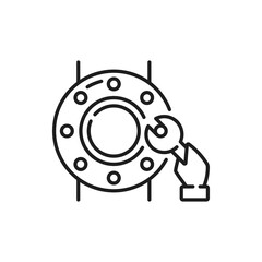 Pipelines with valve for plumbing water, gas or oil industry plumber, pipe repair and adjustable wrench isolated outline icon. Vector oil distribution, engineering tubing and fitting, repairman hand