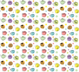 Seamless pattern with sweets, teapots and cups