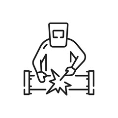 Welder welds metal pipe isolated outline icon. Vector welder in work clothes in protective mask, welding machine in hands. Manufacturing worker, gas and oil industry person with welding equipment