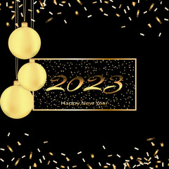 2023 A Happy New Year symbol. Round logotype concept. Abstract isolated graphic design template. Gold coloured numbers. Christmas creative decoration. Golden snowy ball and web shiny glittering digits