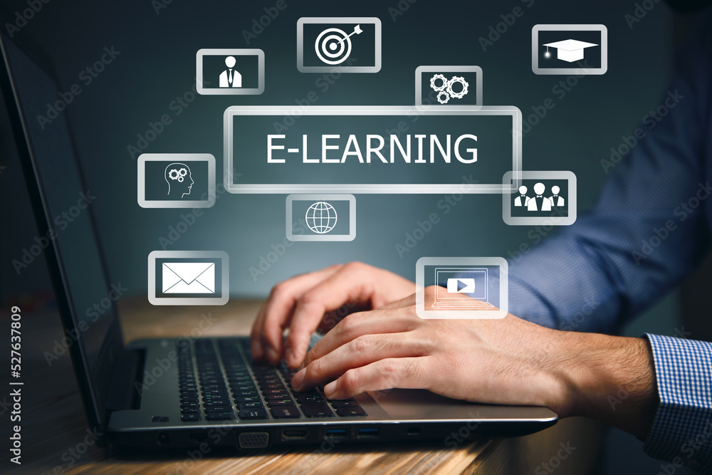 Poster man hand using laptop showing e-learning concept