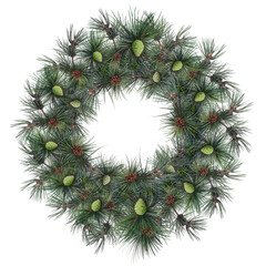 Fototapeta na wymiar shining wreath of pine branches with cones, christmas wreath illustration