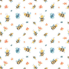 Watercolor seamless pattern with summer elements, sanny background with flowers, cute bees