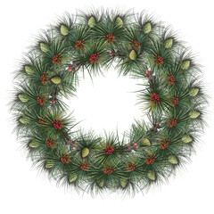 Fototapeta na wymiar wreath of pine branches and cones, christmas wreath