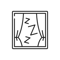 Time to sleep or night isolated window with curtains and zzz sign thin line icon. Vector sleeping shelter, hotel or motel, bedroom or room for sleep. Insomnia disorder, sleepless dreamtime symbol