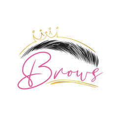 Eyebrows, handwritten inscription, beautiful logo for beauty masters in gold