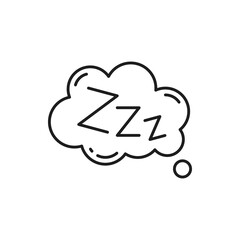 Comic bubble with zzz sleeping sign isolated line art icon. Vector zzz text on bubble in shape of cloud, sleeping and bedtime thin line design element. Slumber symbol, cartoon hibernation and relax