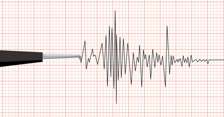 Earthquake seismic waves on seismograph graph paper. Vibration measurement recording chart . Polygraph lie detector diagram test record. Audio wave, wind or tempetature graph. Vector illustration. - obrazy, fototapety, plakaty