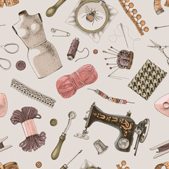 Sewing tools seamless pattern on beige background