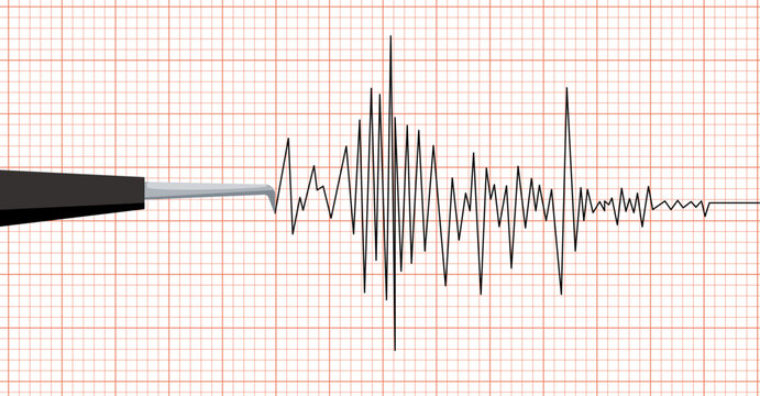 Earthquake seismic waves on seismograph graph paper. Vibration measurement recording chart . Polygraph lie detector diagram test record. Audio wave, wind or tempetature graph. Vector illustration.