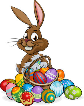 Cartoon Easter Bunny with Eggs Basket