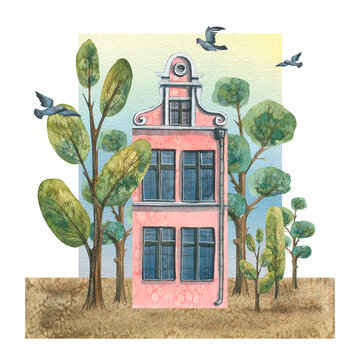 Watercolor illustration of a compositionof cute old town houses. European multicolored houses, bridges, cartoon trees, street lamp, pigeons, clouds. For the design of postcards, posters, banners
