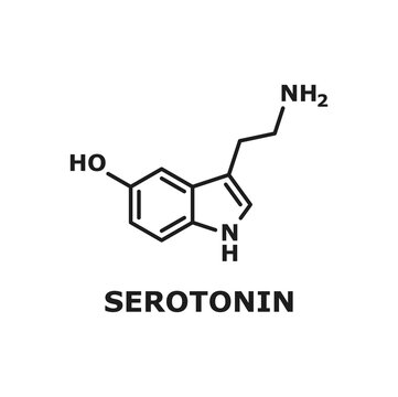 Serotonin formula icon isolated thin line chemical structure. Vector monoamine neurotransmitter modulating mood, learning and memory processes. Motivational component of reward, antidepresant
