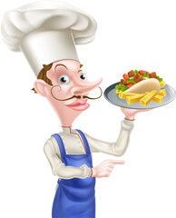 Cartoon Chef With Pita Kebab and Fries