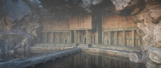 Cinematic panorama 3D illustration of ancient underground fantasy temple entrance. - obrazy, fototapety, plakaty