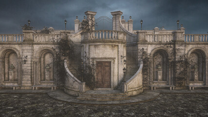 Fototapeta premium Dark moody old ivy clad stone mausoleum building under stormy grey sky. 3D illustration.