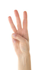 Female Hand is Making Number Three Sign on White Background