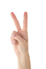 Female Hand is Making Number Two Sign on White Background