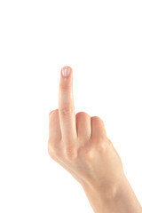 Female Hand is Showing a Middle Finger on White Background