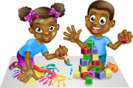 Boy and Girl Playing with Blocks and Paint