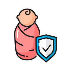 Newborn baby insurance isolated color outline icon. Security and protect for baby, medical police insurance, infant and protection shield